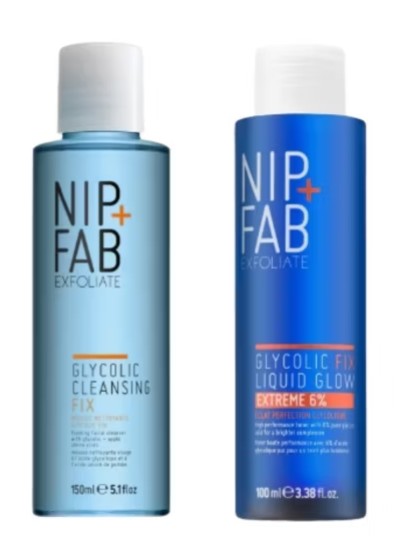 Two NIP+FAB Exfoliate skincare bottles side by side: Glycolic Cleansing Fix on the left and Glycolic Fix Liquid Glow Extreme 6% on the right.