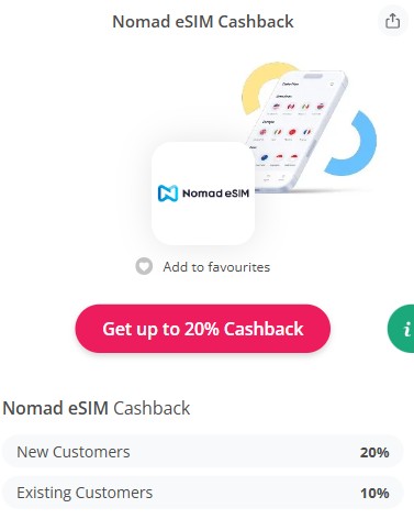 nomad mobile - Copy Nomad eSIM cashback offer showing up to 20% cashback; new customers get 20% and existing customers get 10%. A smartphone illustration appears above the offer.