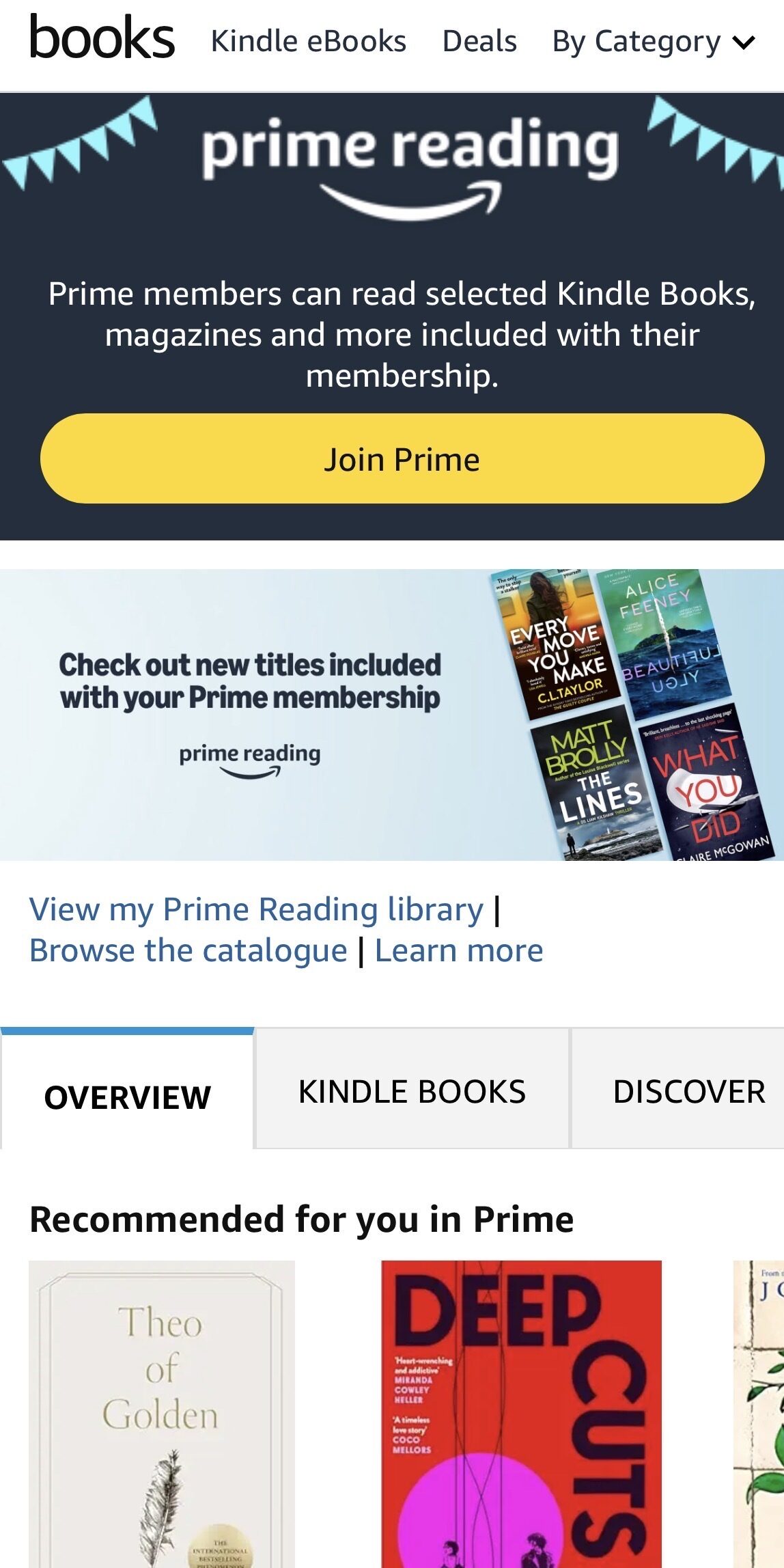 Screenshot of the Prime Reading section on Amazon, showing book covers, a "Join Prime" button, and navigation tabs for Kindle books and recommendations.