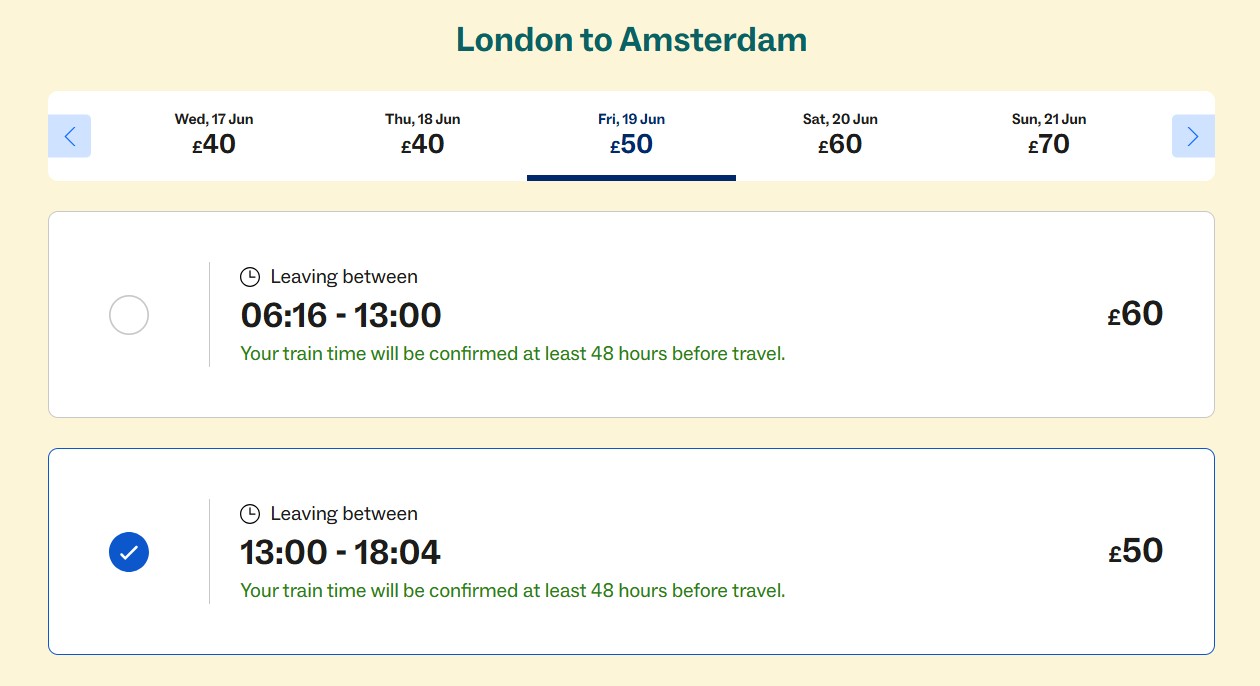 Train ticket booking screen for London to Amsterdam on Friday, June 19. Two time slots available, 06:16-13:00 for £60, and 13:00-18:04 for £50. The later slot is selected.
