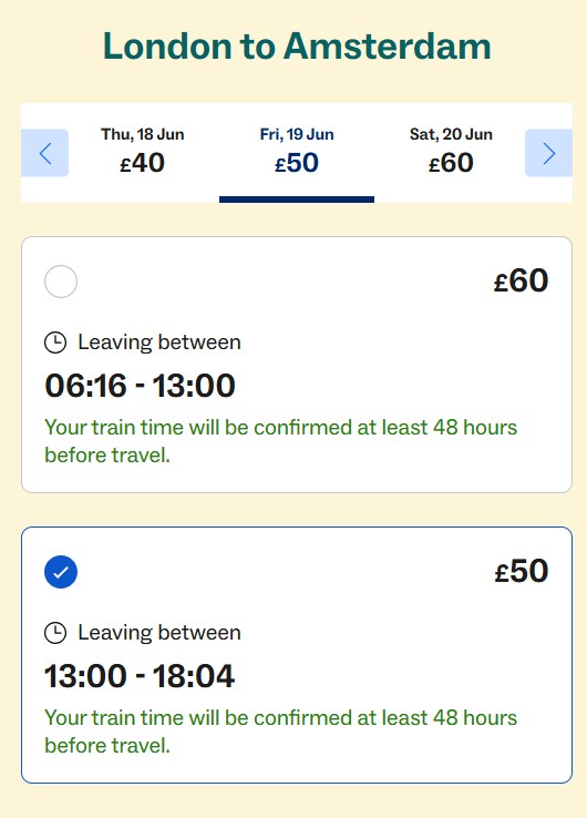 Train ticket booking for London to Amsterdam on Fri, 19 Jun: two options shown, 06:16-13:00 for £60, and 13:00-18:04 for £50, with the latter selected.