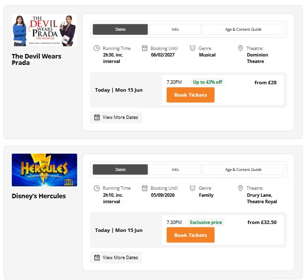 Booking options for "The Devil Wears Prada" at Dominion Theatre and "Disney's Hercules" at Drury Lane, both showing on Mon 15 Jun, with prices and ticket availability shown.
