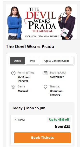 A booking page for "The Devil Wears Prada: The Musical" showing show details, ticket prices from £28, and a "Book Tickets" button.
