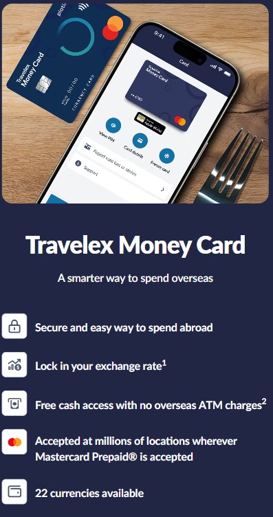 A smartphone displaying the Travelex Money Card app next to a physical Travelex Money Card and a pen, with key card features listed below.