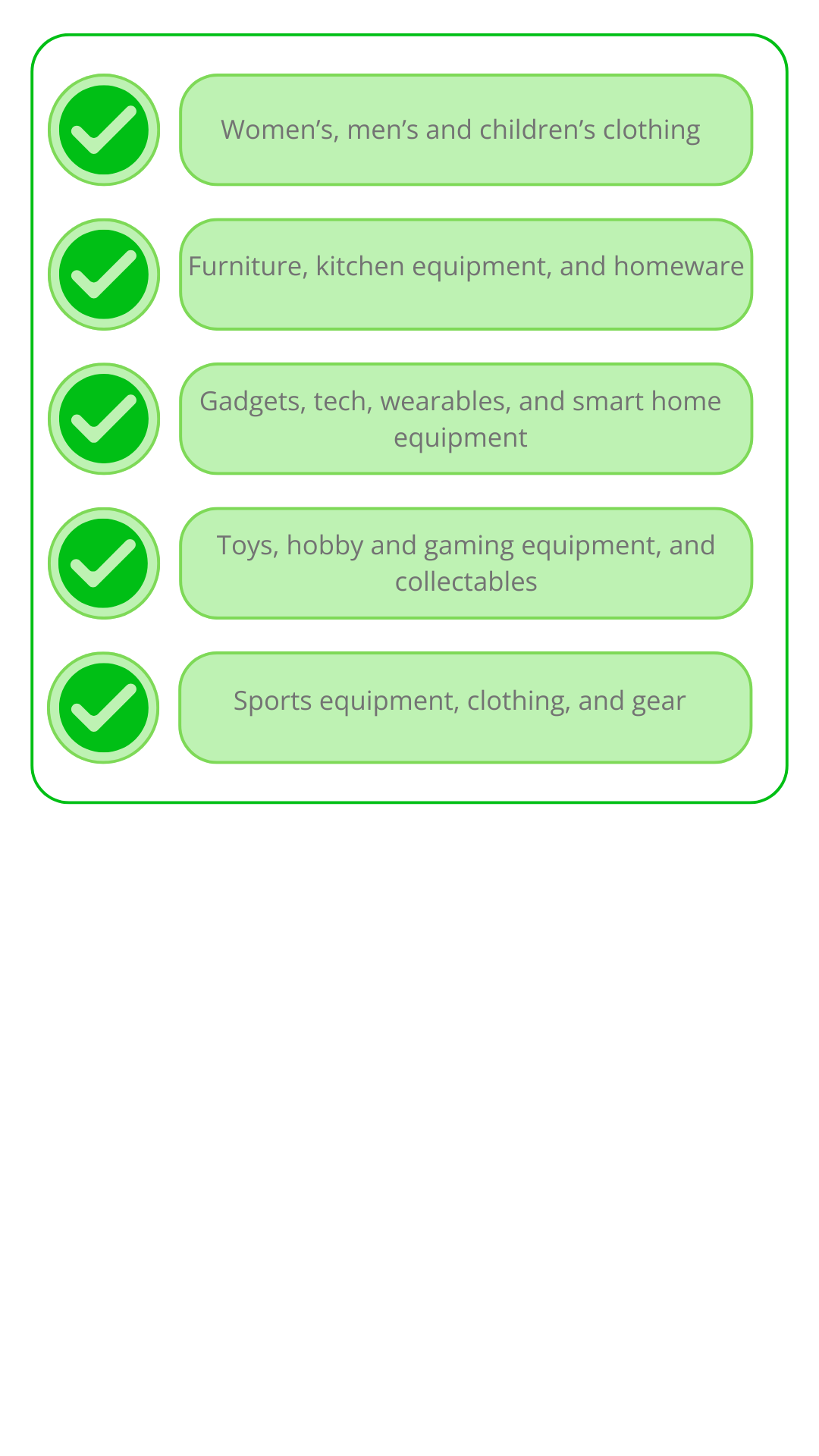what you can sell on Vinted A checklist showing broad categories of item you can sell on Vinted