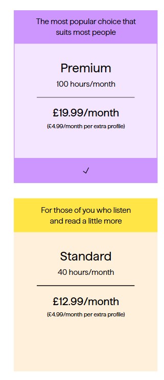 Comparison chart showing Premium plan at £19.99/month for 100 hours and Standard plan at £12.99/month for 40 hours, with extra profiles at £4.99/month.