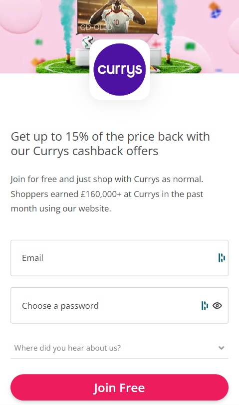 currys topcashback mobile An image showing the mobile page for TopCashback's Currys cashback deal