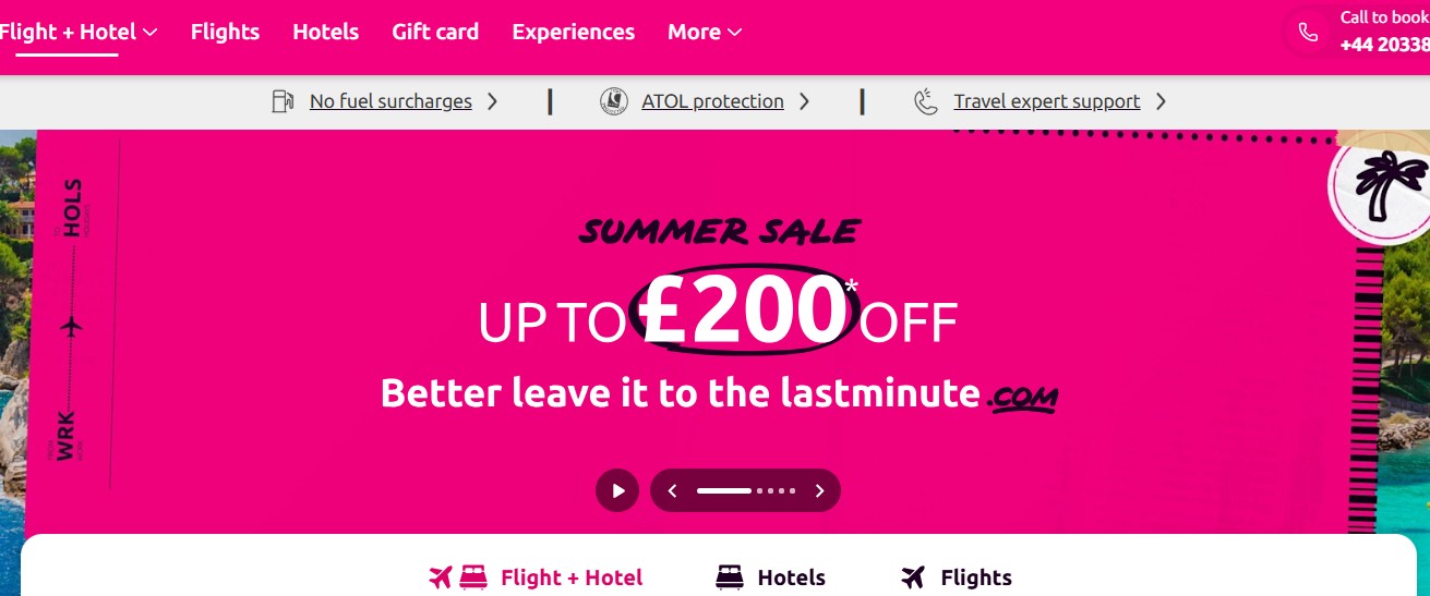 lastminute.com Pink summer sale banner offering up to £200 off at lastminute.com, with options for flight + hotel, hotels, and flights at the bottom.