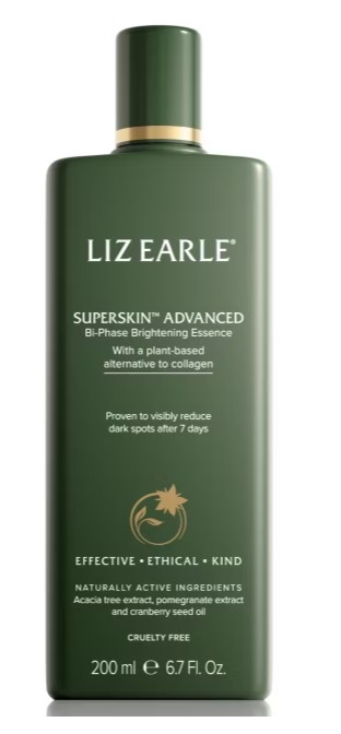 liz earle superskin A green 200ml bottle of Liz Earle Superskin Advanced Brightening Essence featuring plant-based ingredients and claims to reduce dark spots in 7 days.