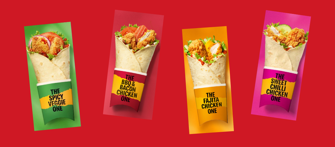 Four tortilla wraps filled with chicken or vegetables, each labelled: The Spicy Veggie One, BBQ Bacon Chicken One, The Fajita Chicken One, The Sweet Chilli Chicken One, on coloured backgrounds.