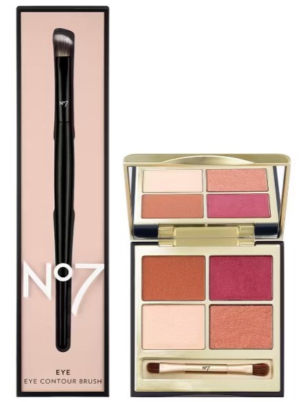 No7 eye contour brush in packaging next to a No7 eyeshadow palette with four shades and a small brush, both on a white background.