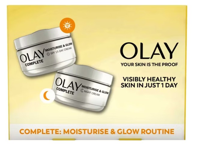 olay giftset Two Olay Complete Moisturise & Glow cream jars labelled day and night are shown with text promoting visibly healthy skin in one day and a complete moisturise and glow routine.