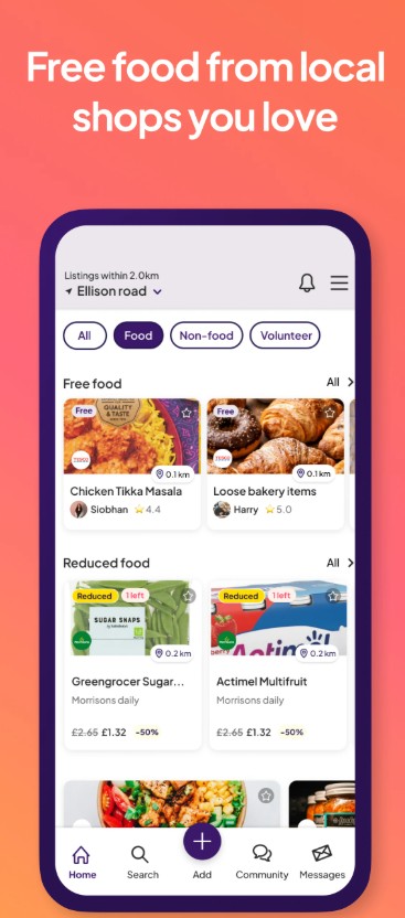 A smartphone screen displays an app offering free food from local shops, listing items like Chicken Tikka Masala, bakery items, and groceries with distances and user ratings.
