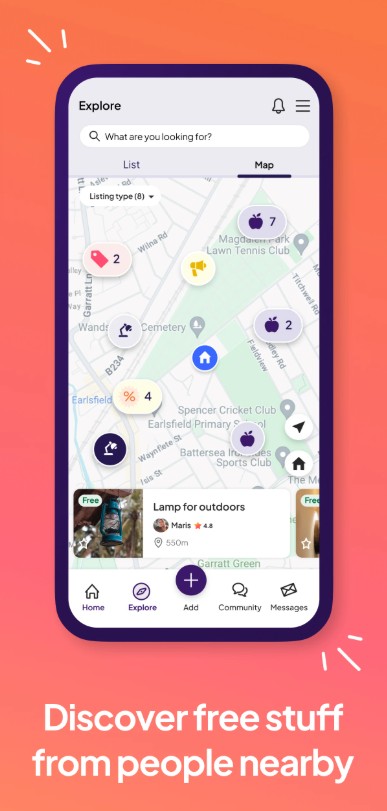 A smartphone screen displays a map with icons marking free items nearby; text below reads, "Discover free stuff from people nearby.