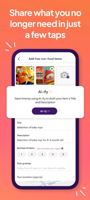 A mobile app screen showing options to add free non-food items, with a pop-up about using "AI-ify" to draft the item's title and description.