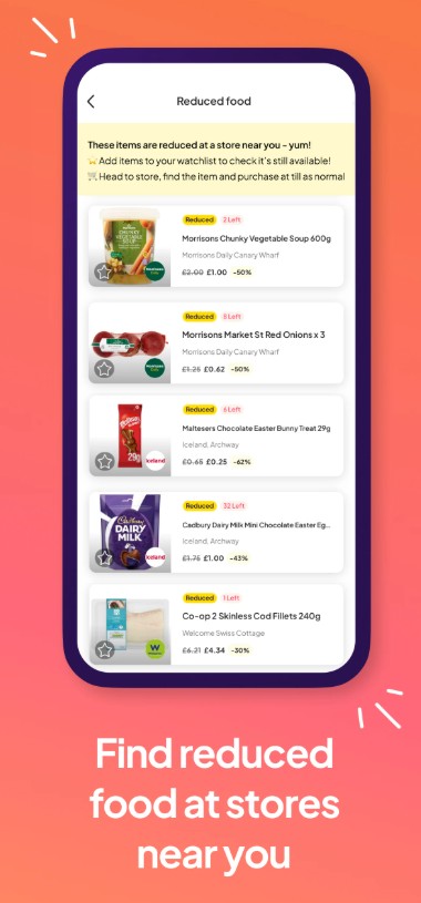 A smartphone screen displays an app listing reduced-price food items from various stores, including vegetables, chocolate, and dairy products. Text below reads, "Find reduced food at stores near you.