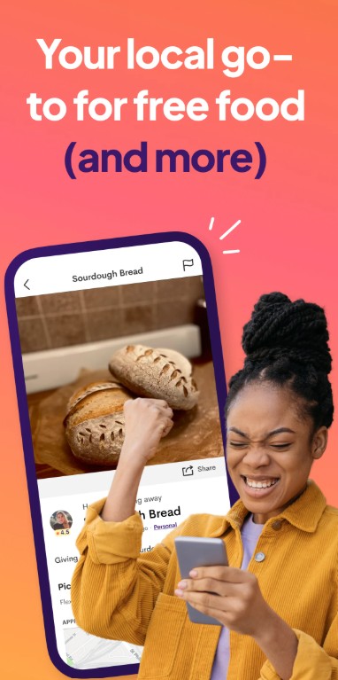 A woman smiles at her phone while an app on the screen shows two loaves of sourdough bread; text above reads "Your local go-to for free food (and more)".