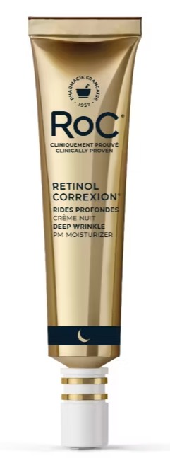 A gold tube of RoC Retinol Correxion Deep Wrinkle PM Moisturizer with a white and gold cap.
