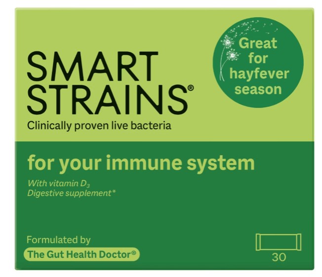 Green and yellow box of Smart Strains digestive supplement for immune system support, highlighting hayfever season benefits and inclusion of vitamin D3; 30 capsules.