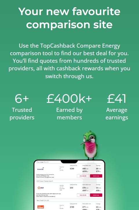 An image showing the mobile version of the TopCashback Energy comparison page