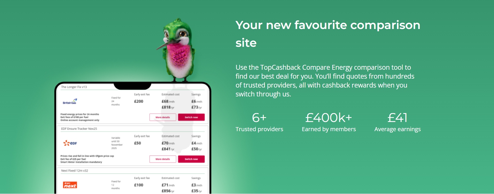 topcashback compare energy An image showing the main screen of TopCashback's energy comparison tool