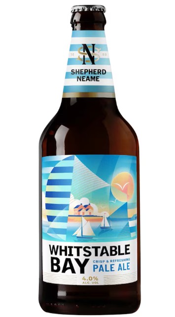 whitstable bay A bottle of Shepherd Neame Whitstable Bay Pale Ale with a blue and white seaside-themed label featuring sailboats and a sun.