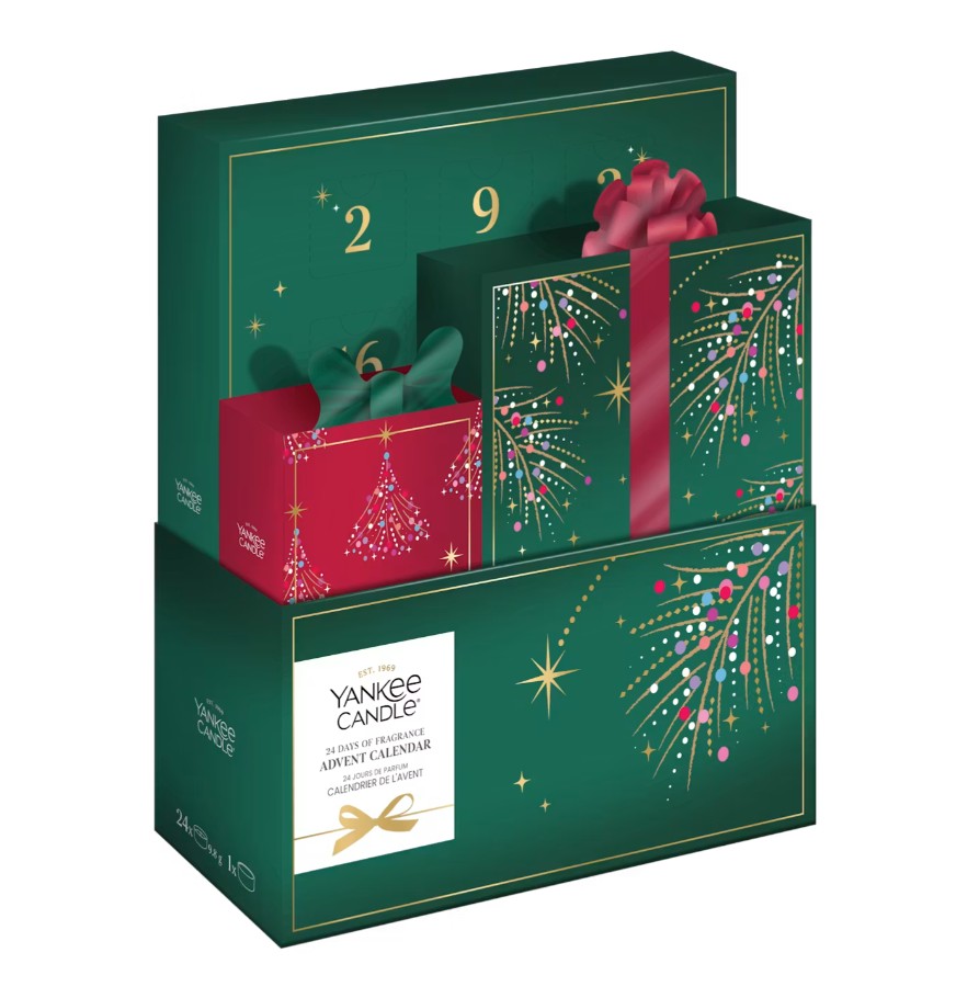 yankee candle 24 days of fragrance advent calendar Green Yankee Candle advent calendar box with festive gold starburst designs and three gift boxes, two decorated with bows, labelled for 24 days of scented surprise items.