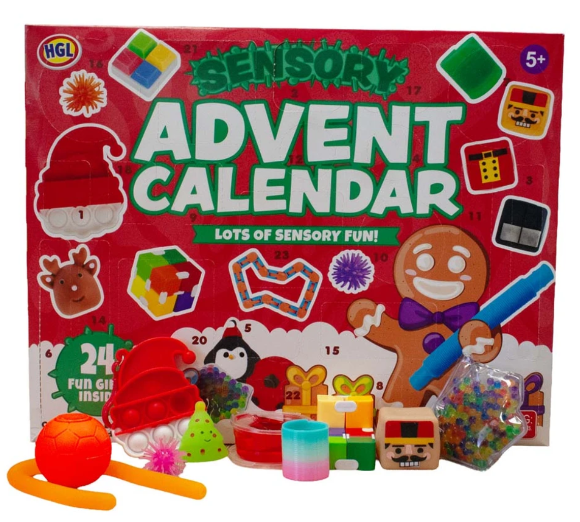 Red Sensory Advent Calendar box with colourful illustrations and 24 sensory toys, including putty, a ball, and textured items, displayed in front. For ages 5 and up.