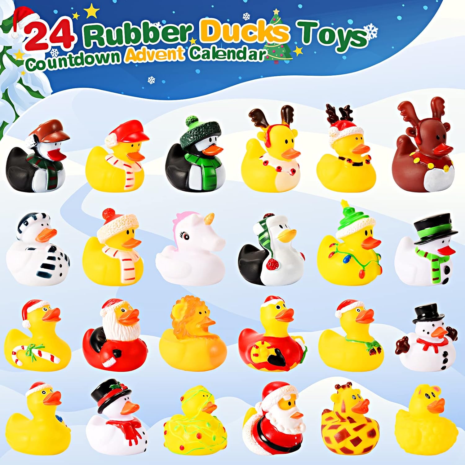 Twenty-four rubber duck toys dressed in various holiday-themed costumes, including Father Christmas, snowman, reindeer, and animals, arranged in rows as an advent calendar.