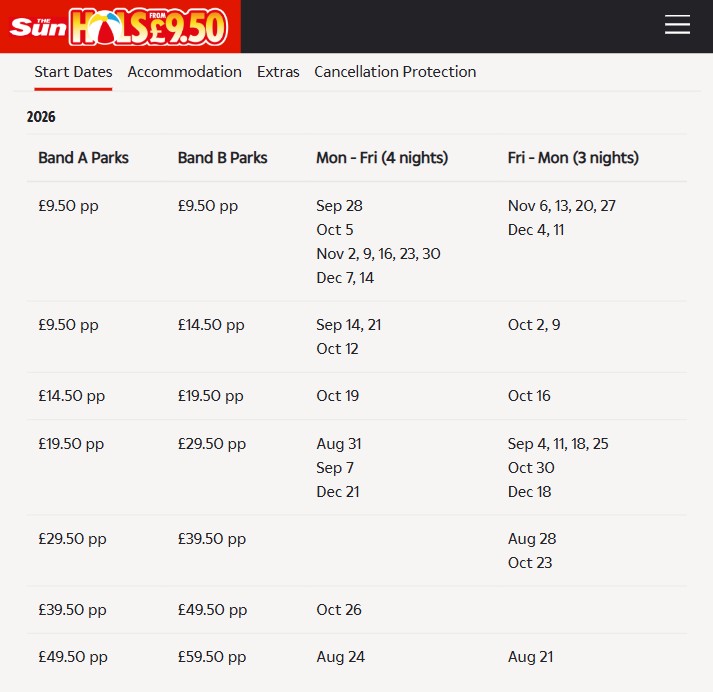 aug 26 desktop Table showing Sun Holidays £9.50 pricing for 2026, listing Band A and B park prices per person and specific date ranges for 4-night and 3-night stays.