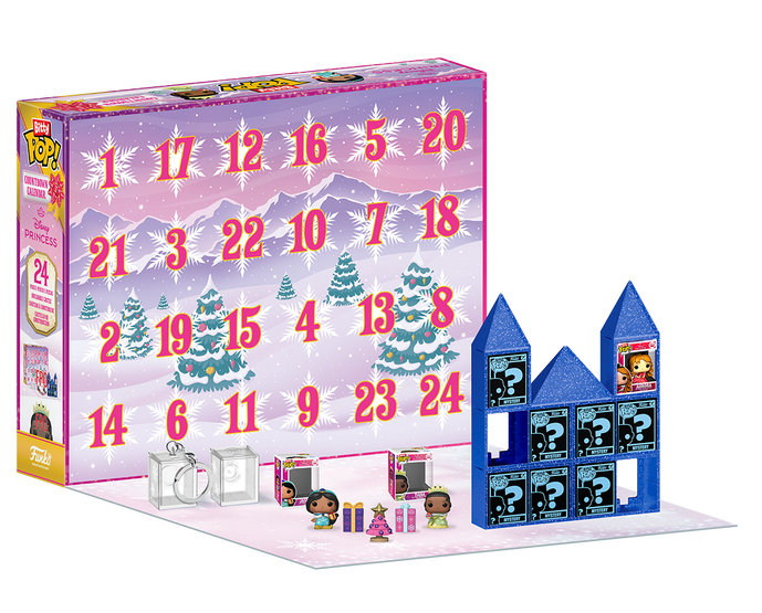 A pink Funko Pop! advent calendar with numbered doors, mini figurines, and small gift boxes displayed on a white surface.