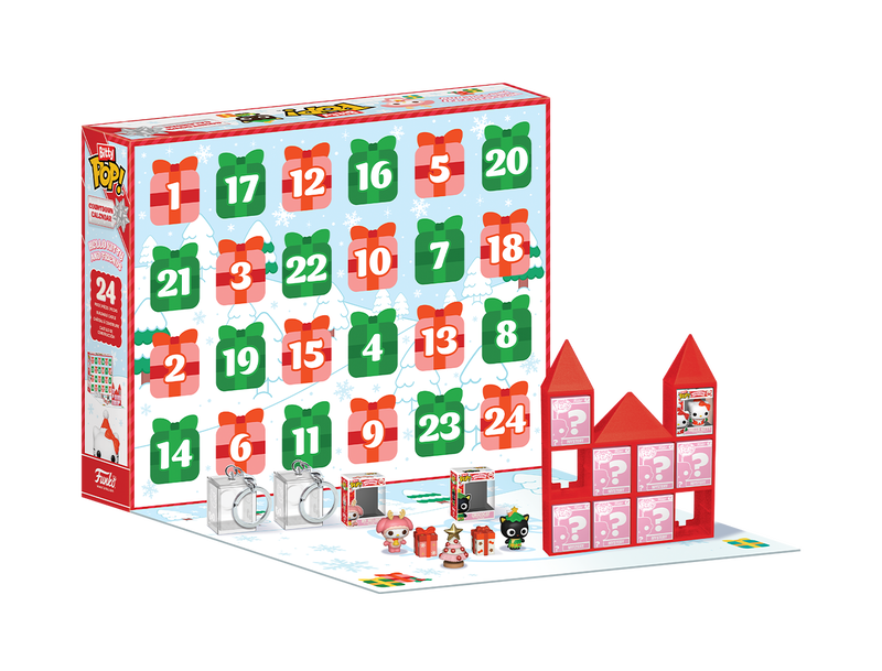 A boxed advent calendar with 24 numbered doors, displayed next to small collectable figures, clear boxes, and a red cardboard building on a white background.