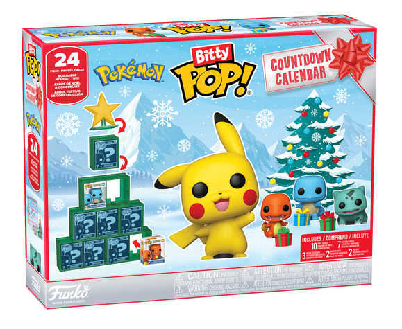 Box of Bitty Pop! Pokémon Countdown Calendar featuring Pikachu and mini figures, with a Christmas tree and snowflakes in the background.