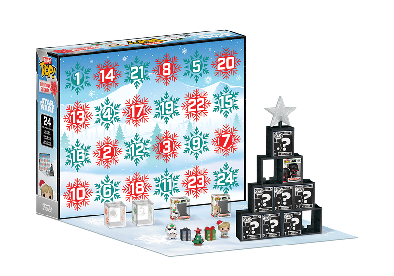 Star Wars Funko Pop! Advent calendar with numbered doors, miniature figurines, and a tree-shaped display topped with a silver star.