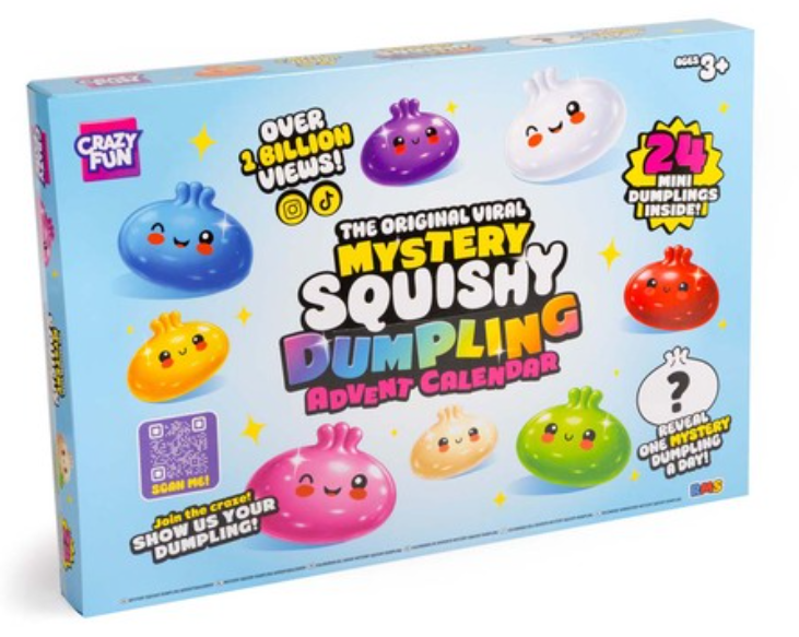 Box of “Mystery Squishy Dumpling Advent Calendar” showing colourful dumpling toys, promotional text, and a total of 24 mini dumplings inside for ages 3 and over.