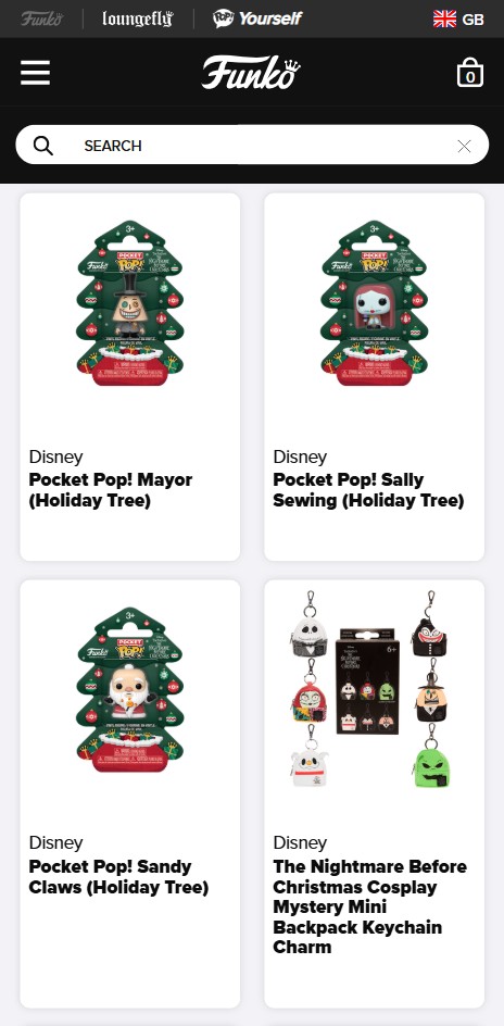 Four Disney-themed Funko Pocket Pop! ornaments and keyrings displayed on a shopping website, featuring characters from The Nightmare Before Christmas in holiday packaging.