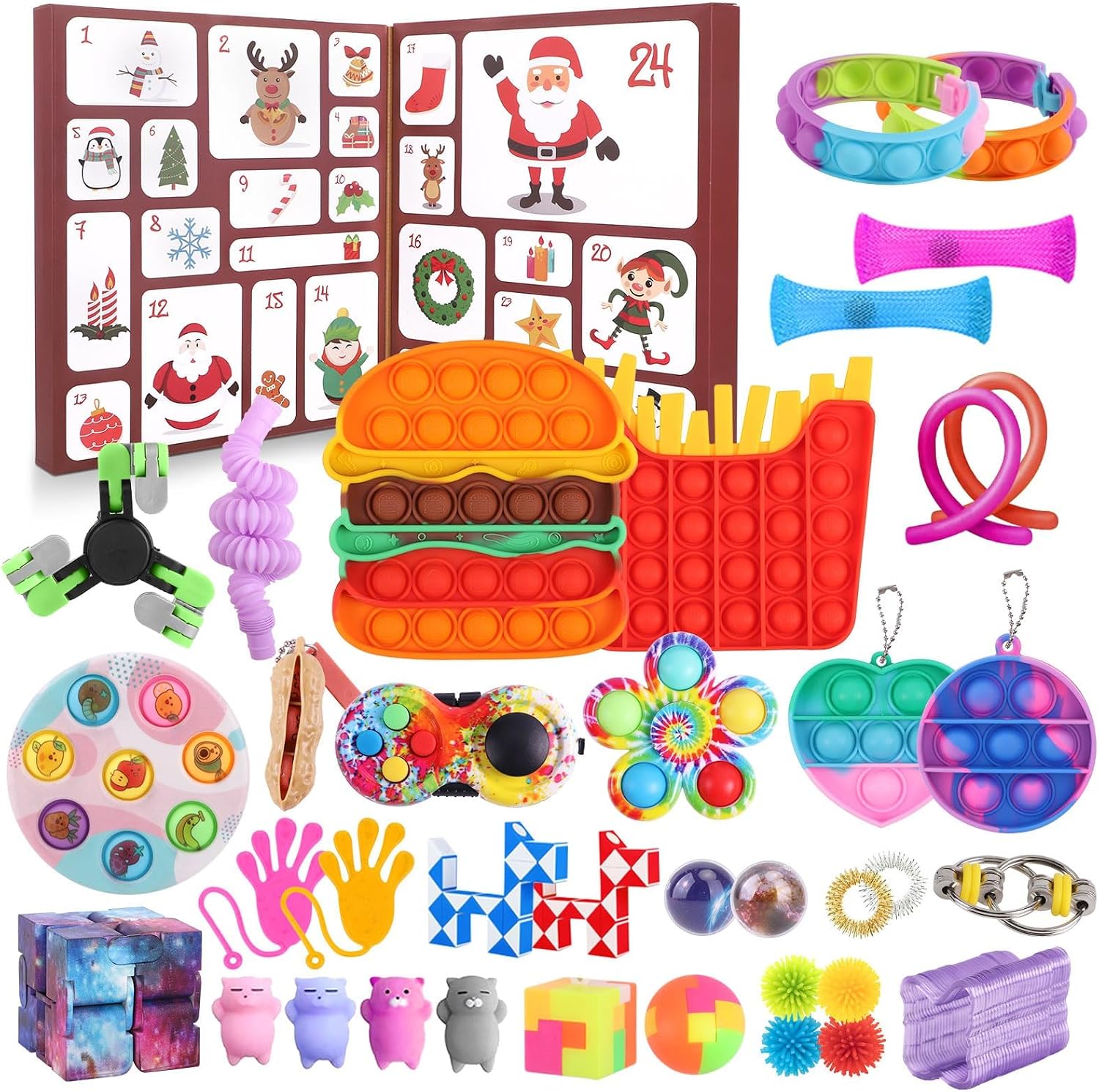 A collection of colourful fidget toys, including pop-its, bracelets, squishies, and an advent calendar featuring Christmas-themed illustrations.