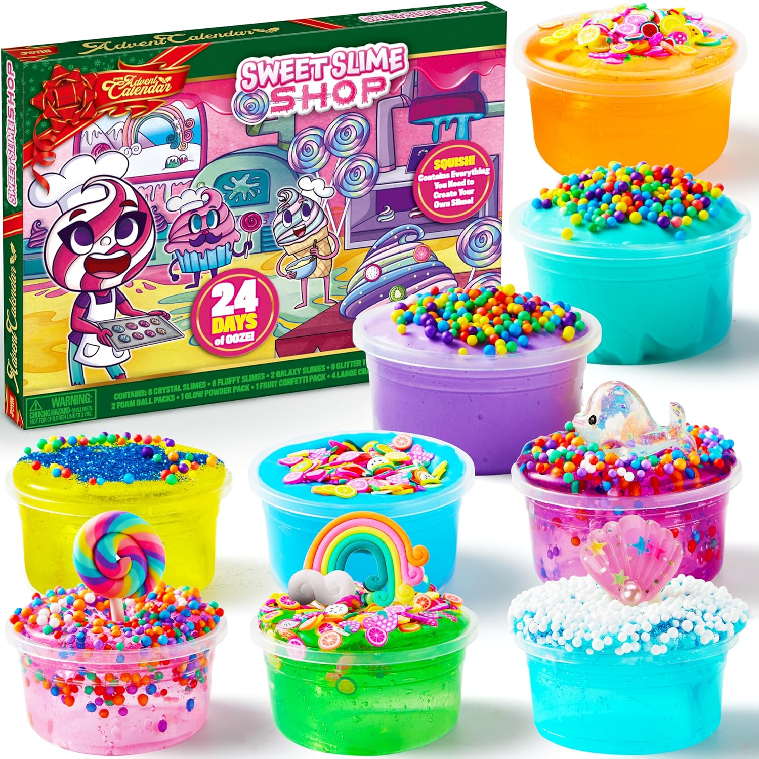Sweet Slime Shop kit with nine colourful slime containers topped with beads and charms, next to a decorated box showing cartoon desserts and a chef character.