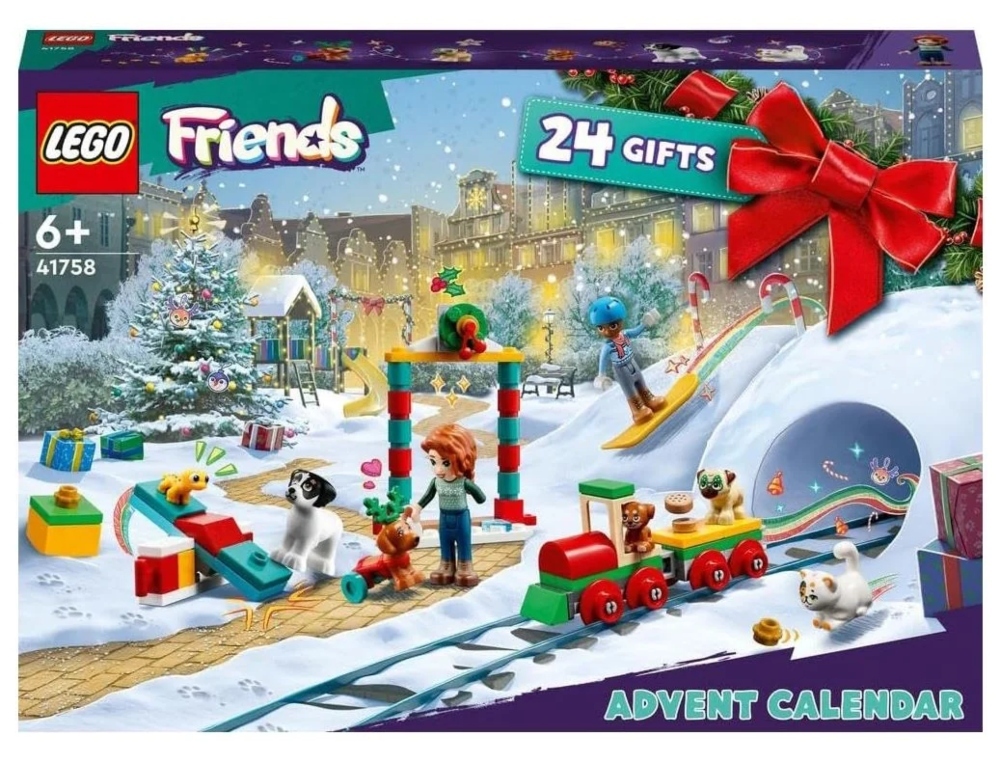 A LEGO Friends advent calendar from 2023 showing a festive train