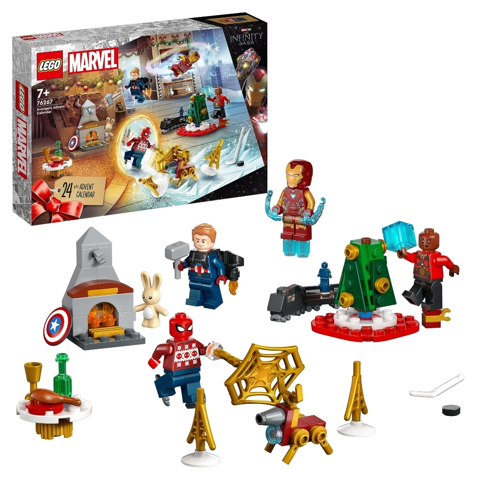 An image showing the 2023 LEGO Marvel superheroes advent calendar with Spider-Man, Captain America, and Okoye