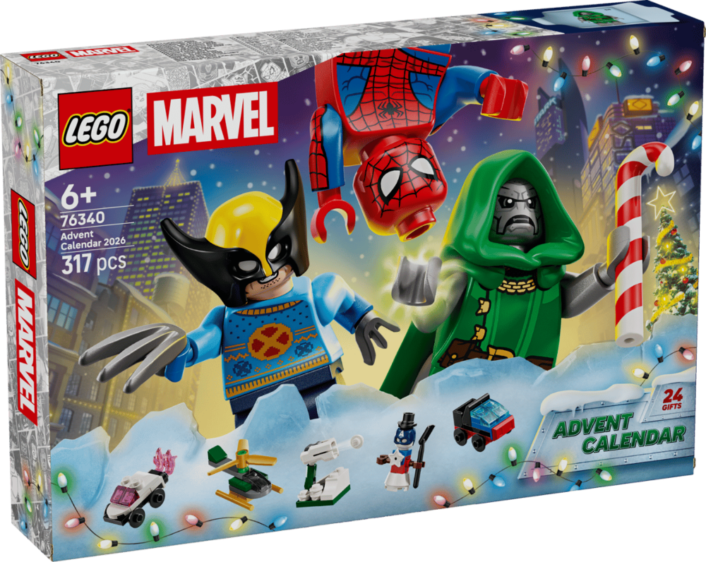 An image showing the LEGO Marvel advent calendar for 2026 with Wolverine, Spider-Man, and Doctor Doom on the cover