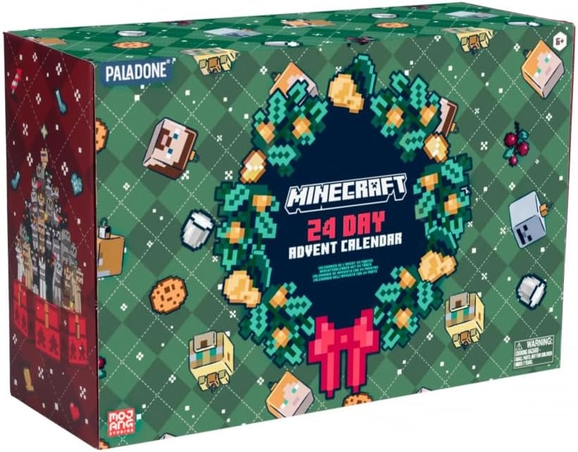 An image showing a large 24-day Minecraft advent calendar with a patterned box