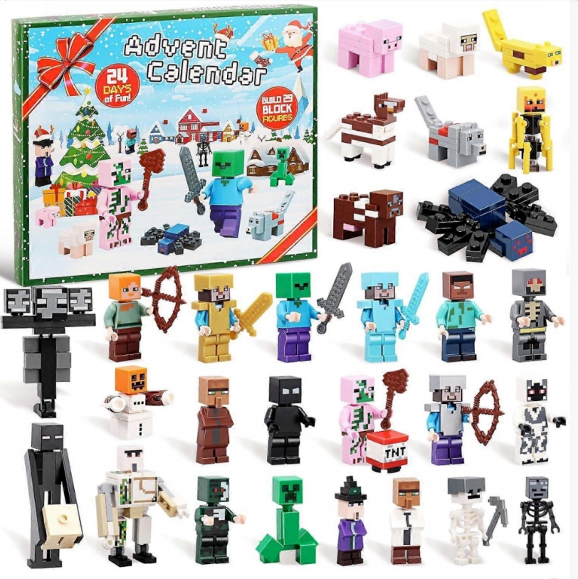 A Minecraft-themed advent calendar box and 24 small buildable block figures, including characters and animals, are displayed on a white background.