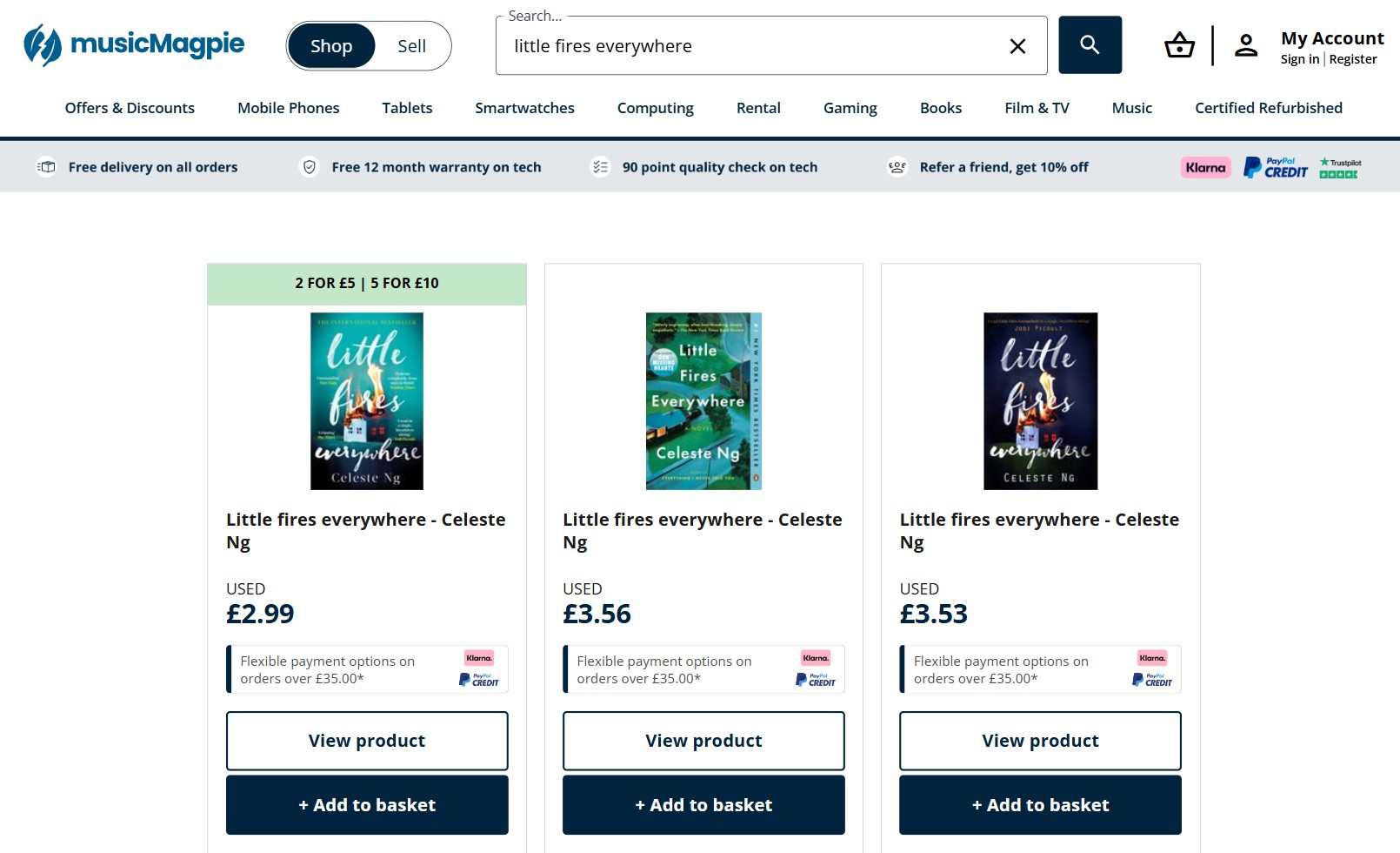 musicmagpie little fires everywhere mobile screenshot aug 2026 Screenshot of musicMagpie’s website showing three used copies of “Little Fires Everywhere” by Celeste Ng for sale, each with prices, product details, and add to basket buttons.