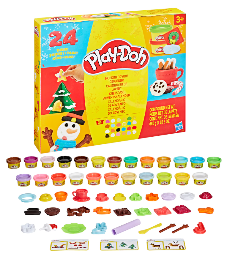 Play-Doh Advent Calendar set with 24 tins, plastic tools, and mould accessories arranged in front of a colourful holiday-themed box. For ages 3 and up.