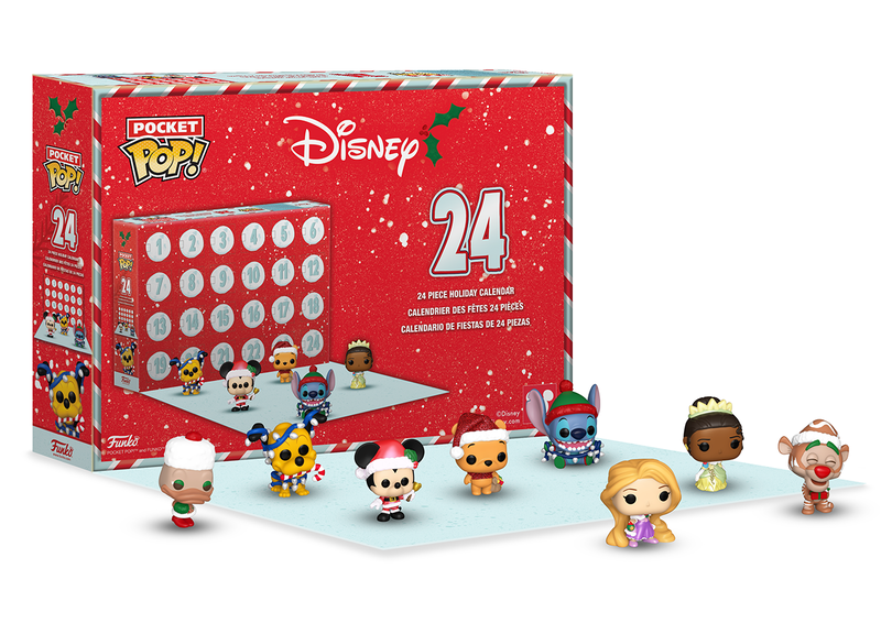 A Disney Pocket Pop! 24-piece holiday advent calendar box is shown open with six mini vinyl figurines displayed in front.