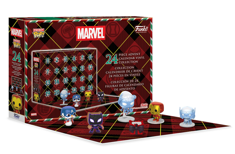 Marvel Funko Pop! advent calendar with 24 slots and four small vinyl Marvel character figures displayed in front on a patterned board.