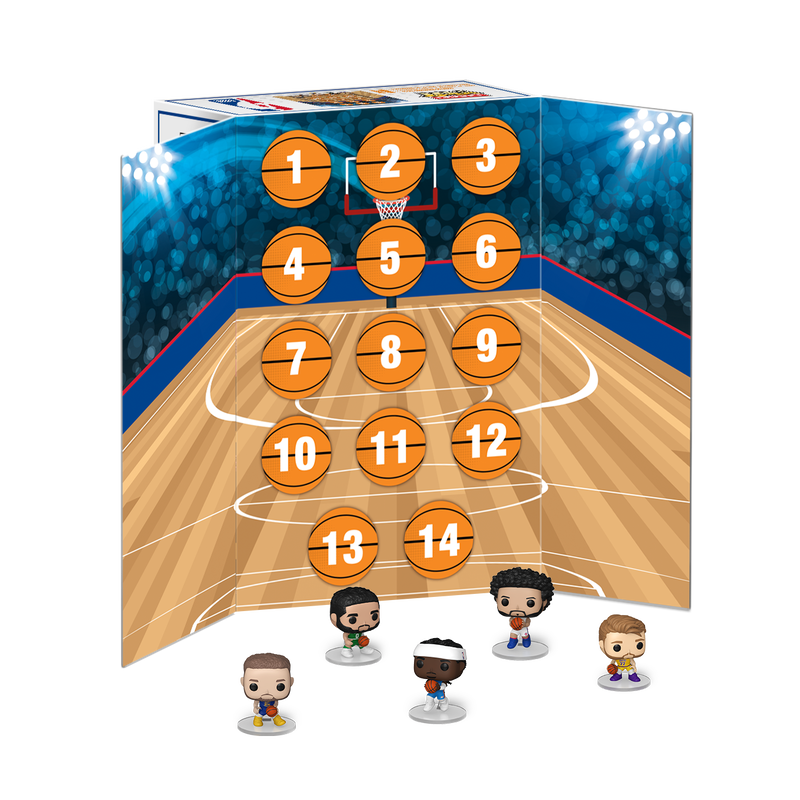A cardboard basketball court display with numbered basketballs from 1 to 14 and five small toy figures standing in front of it.