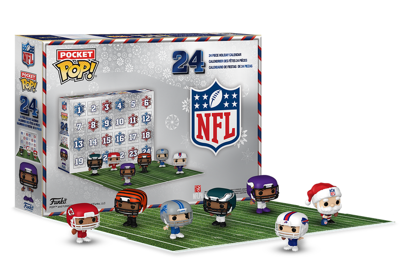 NFL-themed Pocket Pop! Advent calendar box with 24 numbered doors displayed, featuring five miniature footballer figures in front, one wearing a Santa hat, all on a green pitch.