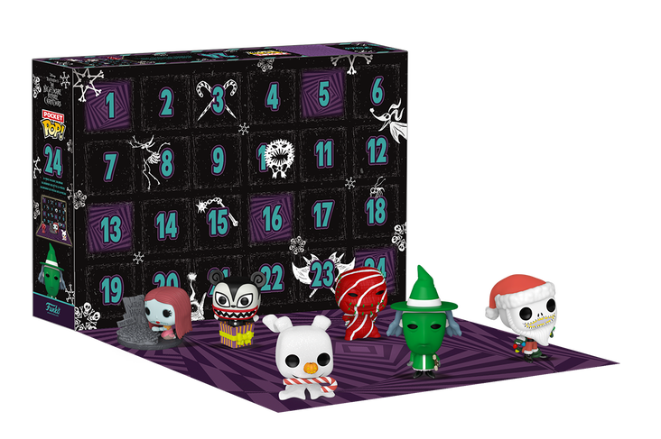 A Nightmare Before Christmas advent calendar box with numbered doors and five small character figurines displayed in front.